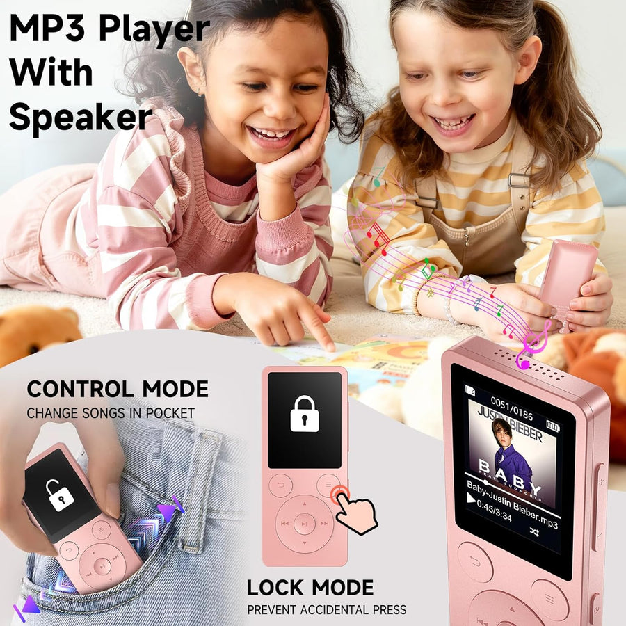 Lecteur MP3 32Go Bluetooth 5.3 - Baladeur Portable 37g avec Boutons Physiques, Haut-Parleur, Radio FM, Enregistreur Vocal, Extension 128 Go Max, Idéal pour Sport, Voyage, Enfants (Écouteurs Inclus)