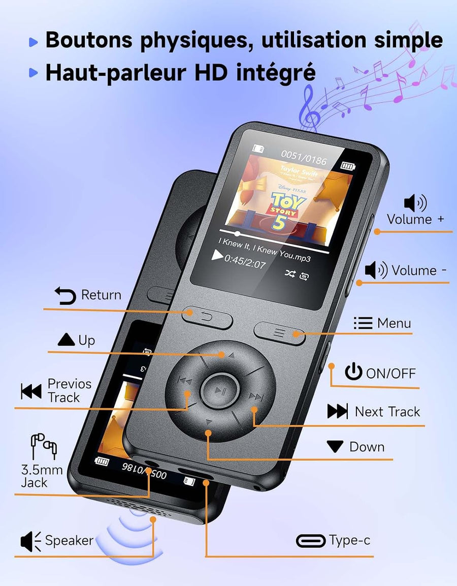 Lecteur MP3 64Go avec Bluetooth 5.3, Haut-Parleur intégré, Bouton Physique lecteur de musique portable, qualité sonore HiFi, fonction d'enregistrement radio FM,Carte mémoire extensible jusqu'à 128 Go