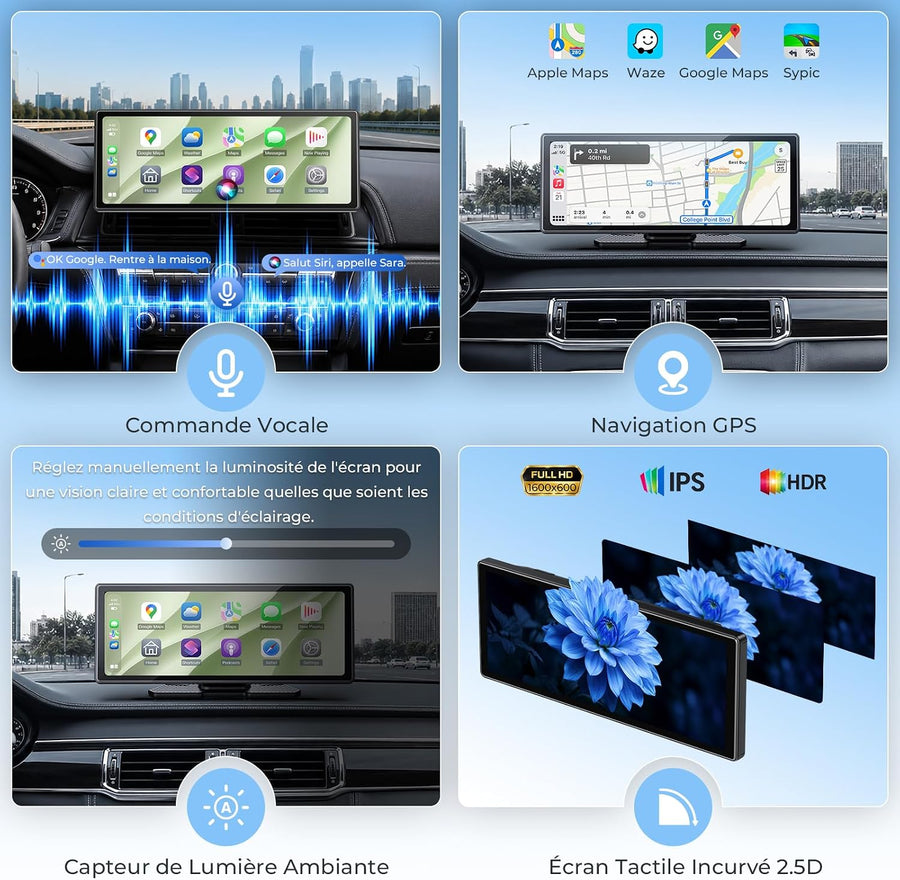 Écran CarPlay sans Fil 10,26" pour Voiture, CarPlay & Android Auto Compatible Avec les Commandes au Volant, Mirror Link et AirPlay,Bluetooth, l'Égaliseur, la Commande Vocale,l'Entrée AUX/FM