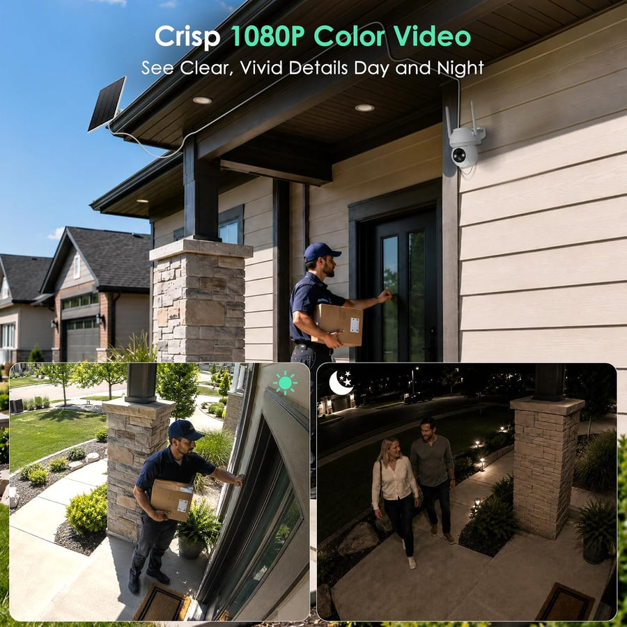 Caméras de sécurité solaires d'extérieur sans fil, caméra PTZ WiFi à 360° avec panneau solaire, vision nocturne couleur HD 1080p, détection humaine AI, audio bidirectionnel, étanchéité IP66