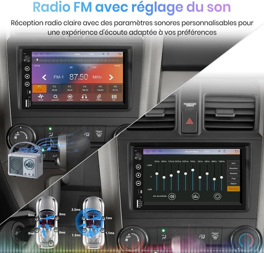 Autoradio 2 DIN Universel avec CarPlay & Android Auto sans Fil Bluetooth, GPS, FM, USB, Type-C, Commandes au Volant, Écran Tactile