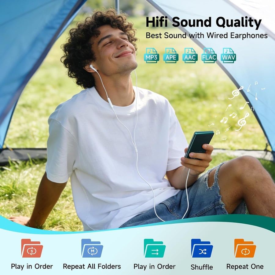 Lecteur MP3 Bluetooth 5.3 64Go écran 2,4" Touches tactiles Haut-Parleur Boîtier en métal, 45 h d'autonomie, 18 sons relaxants, radio FM, extensible jusqu'à 128Go