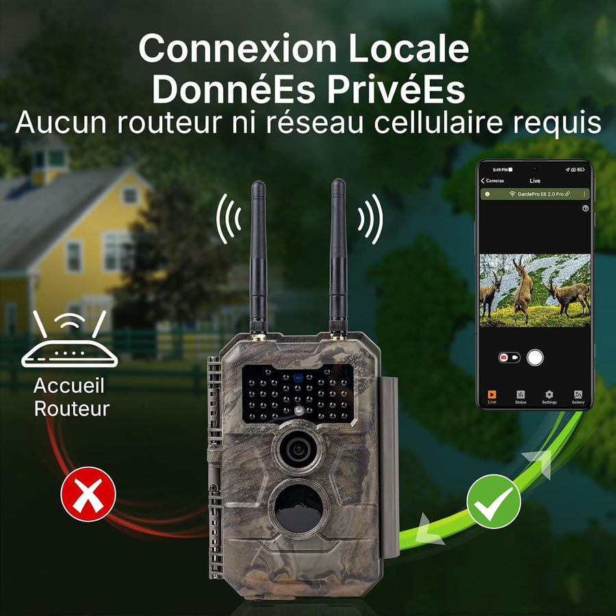 GardePro E6 2.0 Pro 4K Camera de Chasse WiFi, Batterie de 7800 mAh, Portée WiFi de 50 mètres, 64MP Caméra de Chasse Connectée Telephone, Camera Vision Nocturne Animaux Exterieur