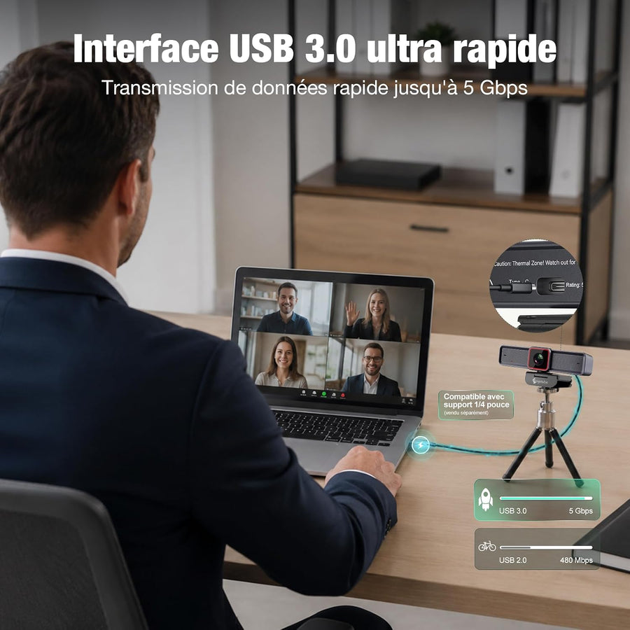 Webcam 4K avec 1/1.5" Sensor, 1080P@60FPS USB Web Camera pour PC | Autofocus PDAF, Cache vie privée, USB3.0 & 2 micros, Idéale pour les réunions vidéo, le Streaming
