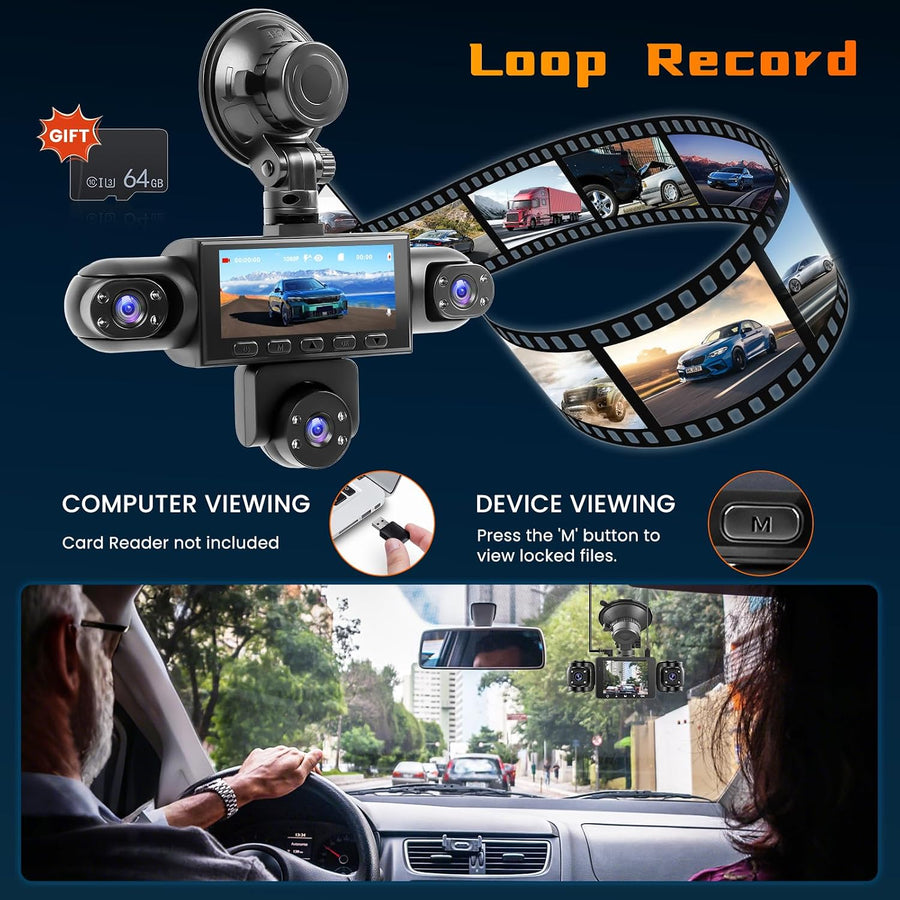 Dashcam 360° 5 Canaux 1080P Carte SD 64 Go Avant Arrière Intérieur. G-Sensor. Vision Nocturne. Grand Angle. Enregistrement en Boucle
