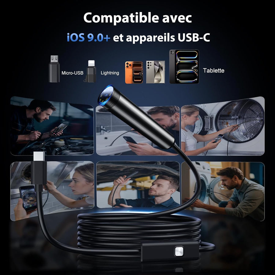 Caméra endoscopique avec éclairage – Endoscope HD 1920p équipé de 8 LED réglables, étanche IP67, caméra d'inspection Compatible Android et iOS/iPhone, Endoscope avec caméra Semi-Rigide -5M
