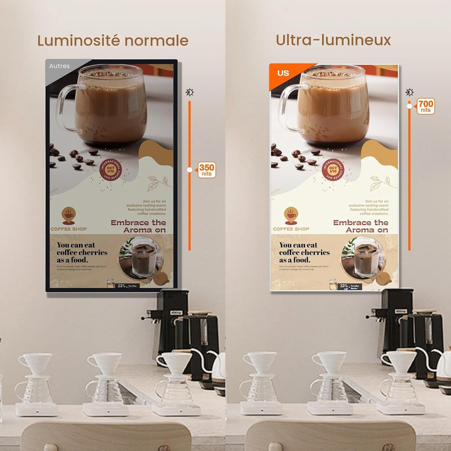 Écran d'Affichage Dynamique 21.5" 2K UHD, Écran Publicitaire Professionnel 700 Nits Haute Luminosité, Affichage Numérique