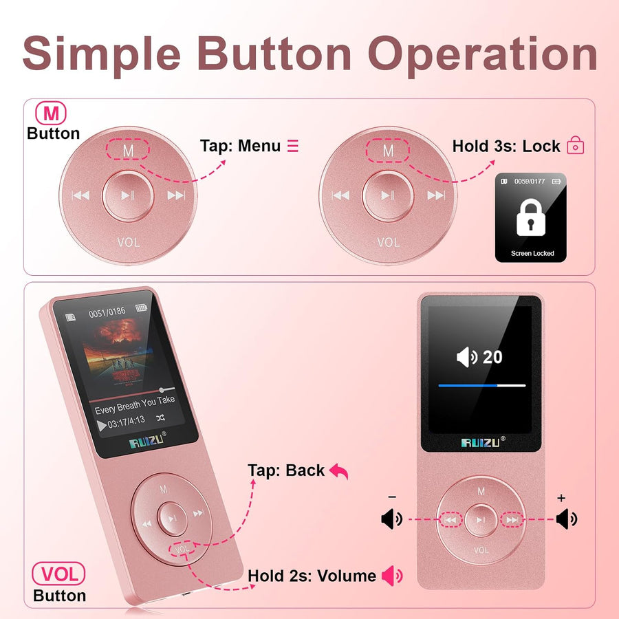Lecteur MP3 64Go Bluetooth 5.3 Portable avec Touches Physiques | 30g ultra léger, écran 1,8", jusqu'à 80h de lecture, extension MicroSD 128Go pour musique au quotidien