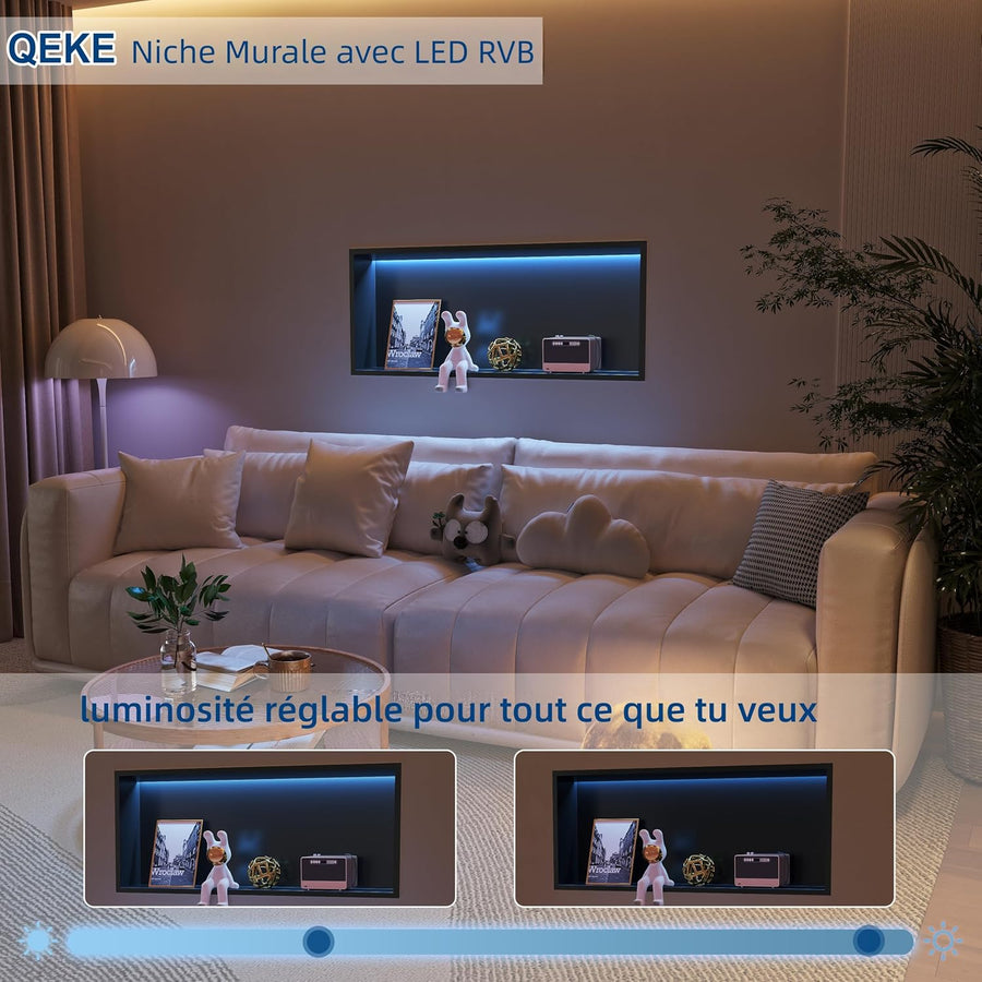 Douche-Niche Inox avec Lumière RGB, Étagères Encastrées avec LED RVB, Pas Besoin de Carrelage Niche Salle de Bain, Couche Unique, 75CM, Noir