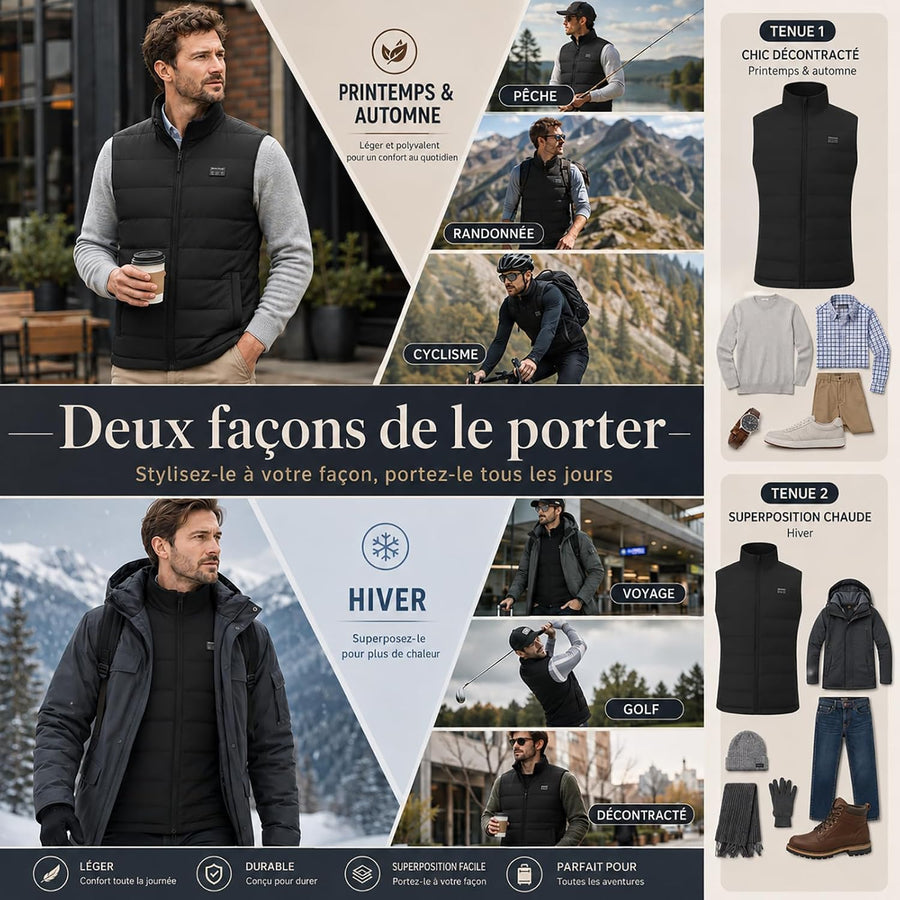 Gilet Chauffant Homme Taille L avec 15 Zones de Chauffage, 3 Niveaux de Température Réglables, Veste Chauffante Électrique pour Ski, Randonnée, Moto, Camping, Hiver (Sans Batterie)
