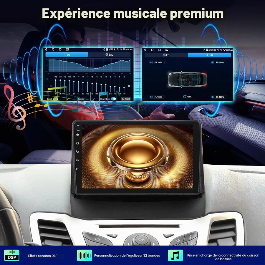 Autoradio Android pour Ford Fiesta 2009-2017: 2GB+64GB Écran Tactile IPS 9 Pouces 1280x720P pour Fiesta avec sans Fil CarPlay Android Auto, GPS, WiFi, Bluetooth 5.0, Écran Partagé + Caméra de Recul