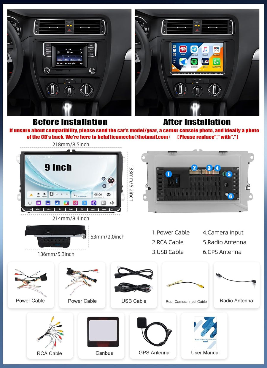Autoradio Android 2+64G avec Écran pour VW Passat B6 B7 2005-2014 CarPlay Sans Fil Android Auto, 2Go+64Go, 9" IPS Tactile, GPS Navigation, Écran Partagé, CANBUS, Caméra AHD Incluse