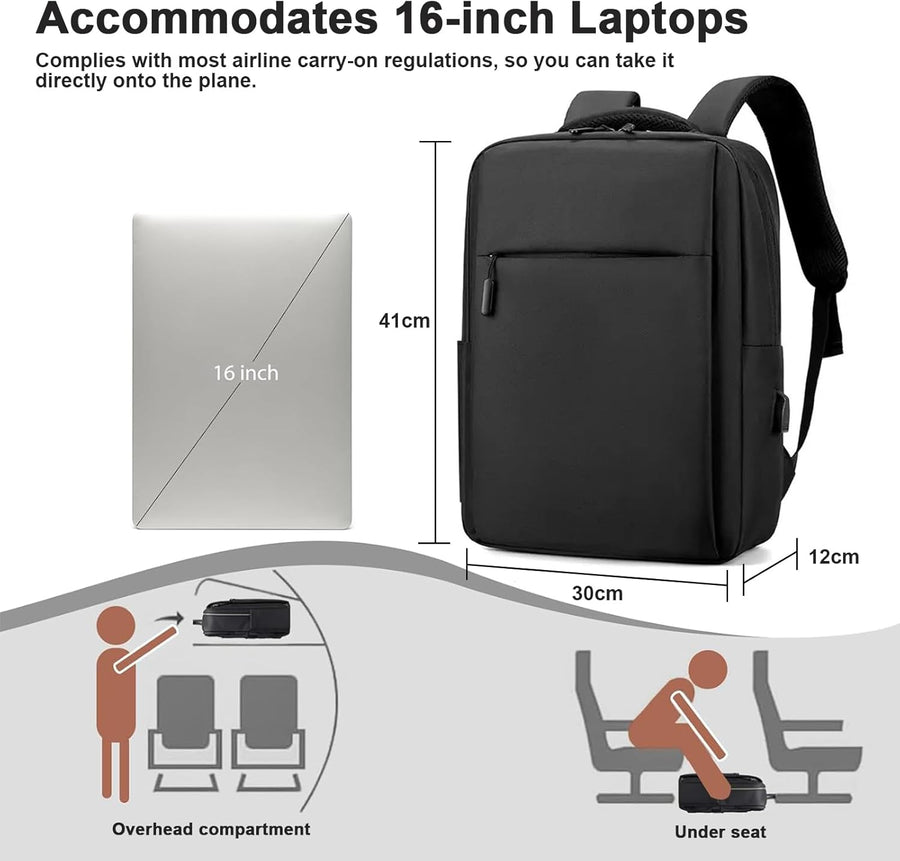 Sac à Dos pour Ordinateur Portable 16 Pouces, Port USB et Sangle pour Valise, Unisexe Étudiant Voyage, Sac Quotidien Enseignant Antivol en Noir