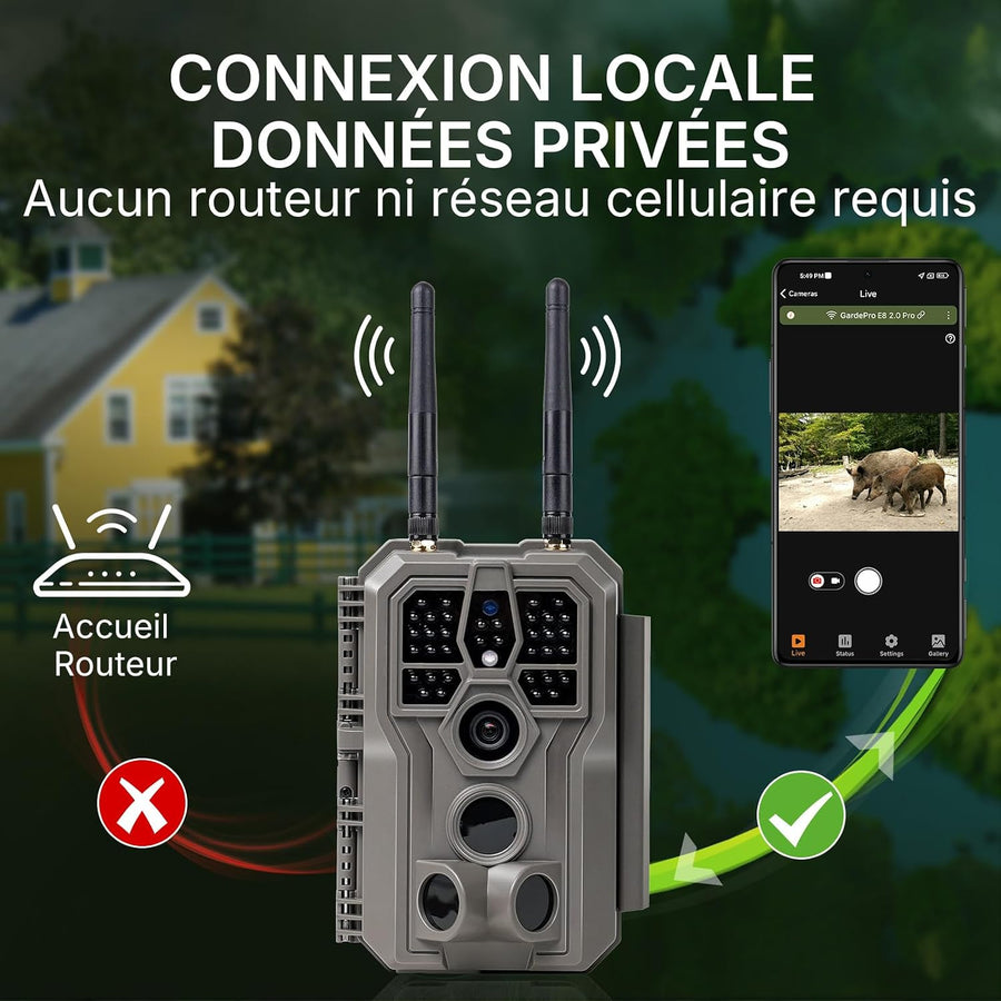 GardePro E8 2.0 Pro 4K Camera de Chasse WiFi, Batterie de 7800 mAh | Portée WiFi de 50 Mètres, 64MP Caméra de Chasse Connectée Telephone, Camera Vision Nocturne Animaux Exterieur