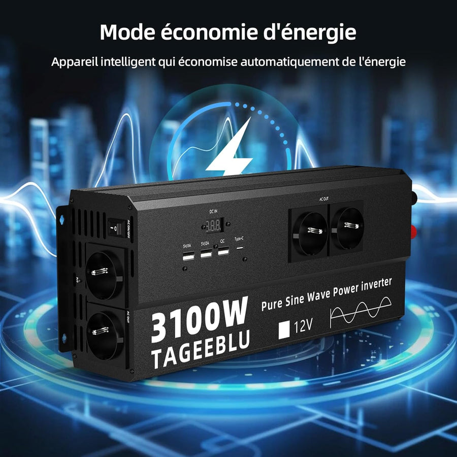 3100W Pur Sinus convertisseur 12v 220v, transformateur 12v 220v avec écran LCD, 4 Prise UE, Type C 30W, Charge Rapide USB 25W, 3 Ports USB