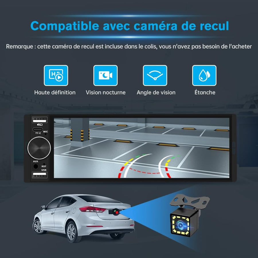 Autoradio 1 DIN avec Écran Tactile 6,36", Compatible CarPlay & Android Auto, Bluetooth, GPS, FM, Charge Type-C, 2 USB, Microphone, Égaliseur, Commandes au Volant