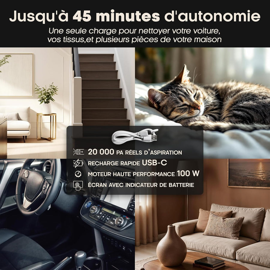 Aspirateur à Main sans Fil pour Poils d’Animaux – 45 min, Maison & Voiture Fini poils et miettes sur canapé et voiture, 4 en 1, batterie longue durée, HEPA métallique lavable, kit complet + sac inclus