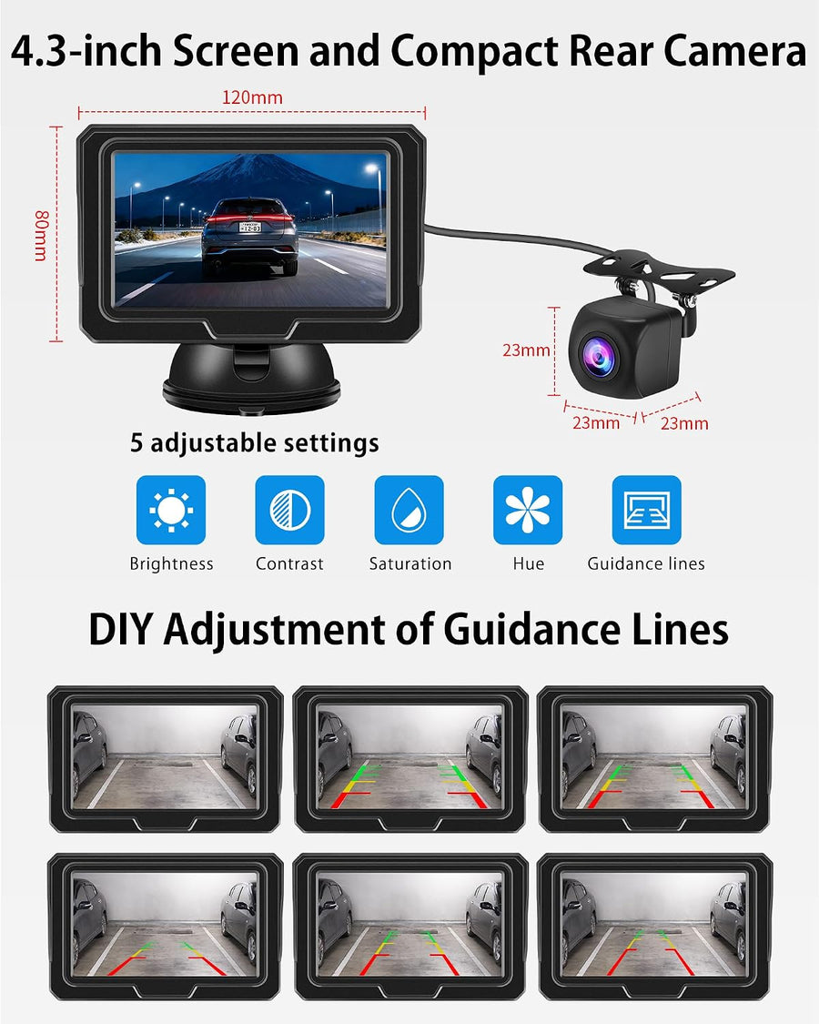 Caméra de Recul 1080P Voiture avec Écran LCD 4,3", Caméra de Recul en Deux Options d'alimentation, Étanche IP68, Vision Nocturne Exceptionnelle, DIY Instructions de Montage, Facile à Installer