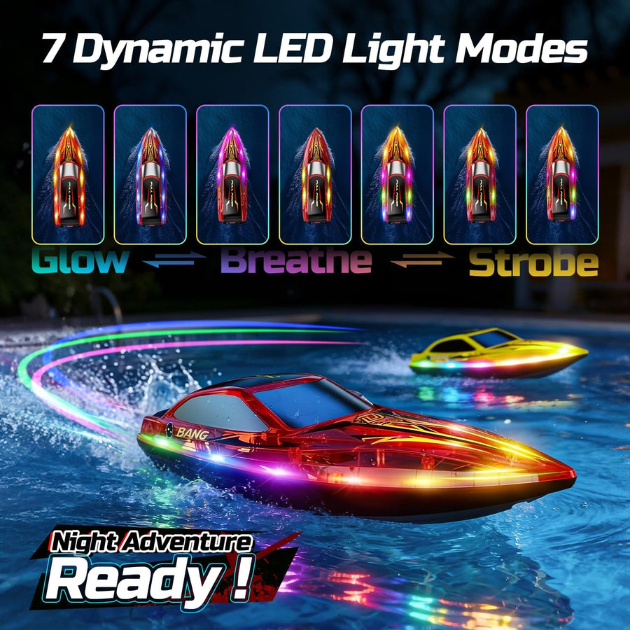 Jouet Lot de 2 Bateau Télécommandé Enfants, Bateau RC Rapide avec 4 Batteries Rechargeables, Jusqu'à 120 Min d'Autonomie, 7 Modes d'Éclairage LED, Redressement Automatique, 2,4 GHz Piscine et Lac