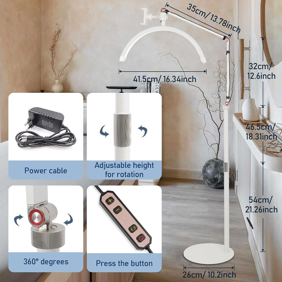 Lampe Demi Lune,Lampe Extension de Cils,36W Lampe de Cils en Lampe sur Pied avec Tête Réglable à 360°,3000K-6000K