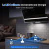 Hotte Aspirante 60cm, 400m³/h, A+++, Sans Balais, Évac/Recycl 3 vitesses mécaniques, Éclairage LED, noir mat/verre, filtre alu 3 couches, kit montage + tuyau alu 1,5 m inclus