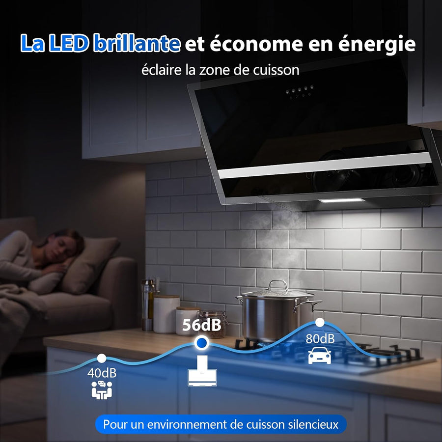 Hotte Aspirante 60cm, 400m³/h, A+++, Sans Balais, Évac/Recycl 3 vitesses mécaniques, Éclairage LED, noir mat/verre, filtre alu 3 couches, kit montage + tuyau alu 1,5 m inclus