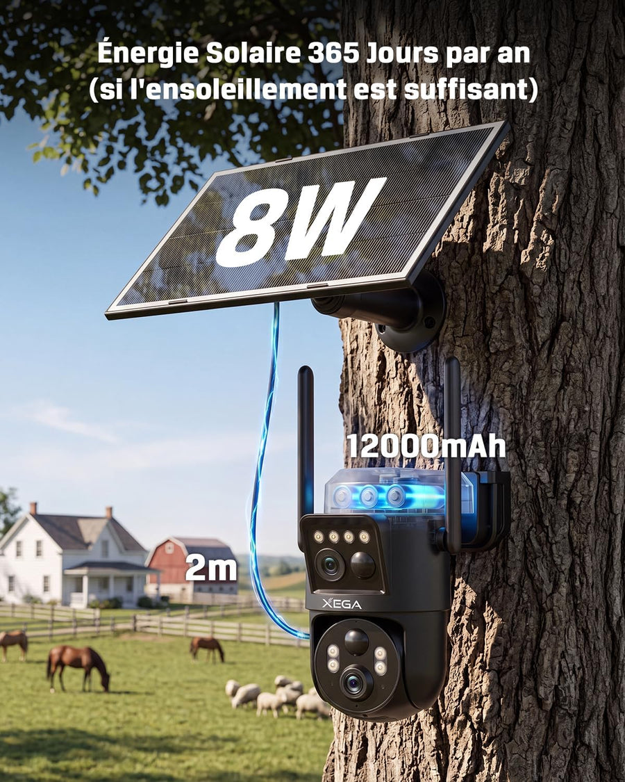 Caméra Solaire 4G LTE Double Objectif avec Carte SIM Extérieure 8W Panneau Solaire, Batterie 12000mAh, Résolution 1080P, Détection Humaine PIR, Vision Nocturne Couleur, Audio Bidirectionnel