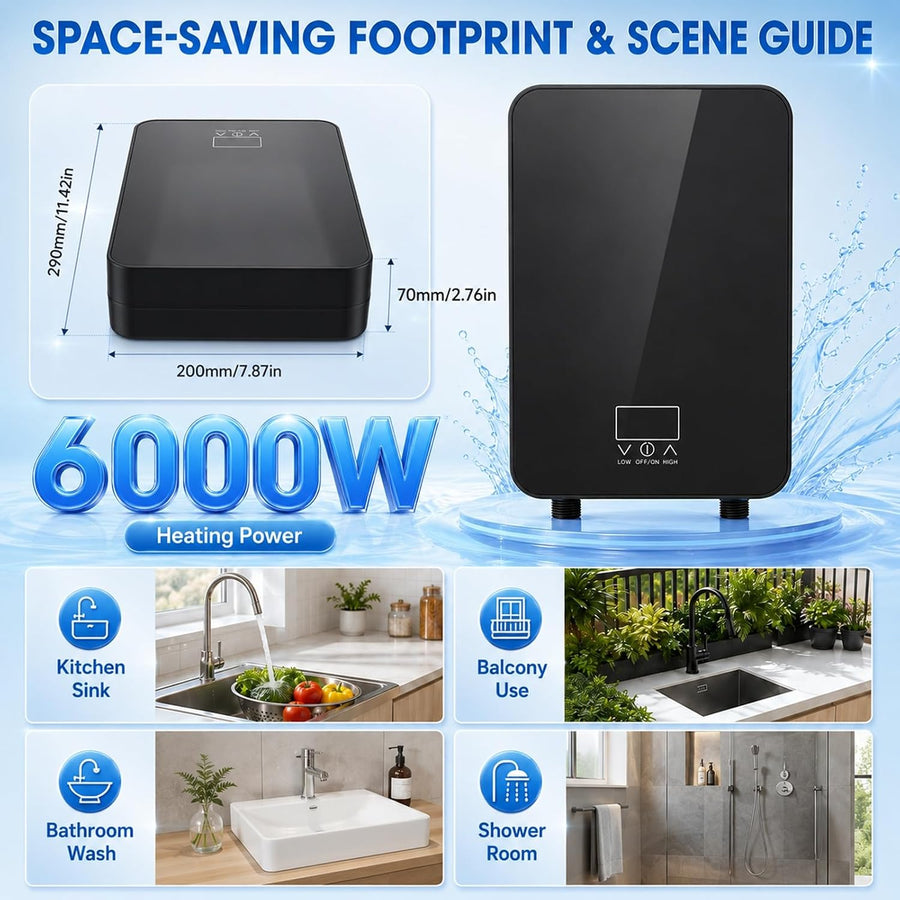 Mini Chauffe Eau Instantané 6000W, Chauffe Eau Électronique avec Écran LED Ballon Sous Évier Compact 230V, Mini Chauffe Eau Électrique Instantané IPX4, pour Cuisine Salle de Bain et Douche
