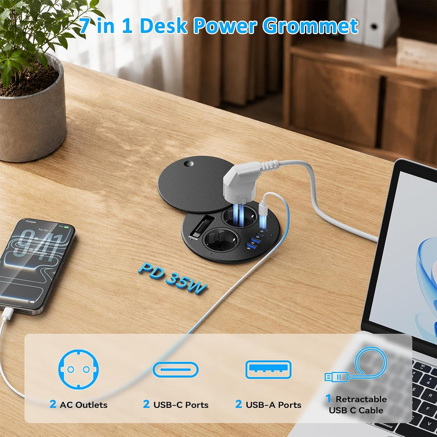 Multiprise Encastrable avec Câble USB-C Rétractable PD 35W, Noir | Prise Encastrable Plan de Travail, 2 USB-C, 2 USB-A, 1,8M Câble, Bloc Prise Escamotable avec Couvercle, Découpe Ø100 mm