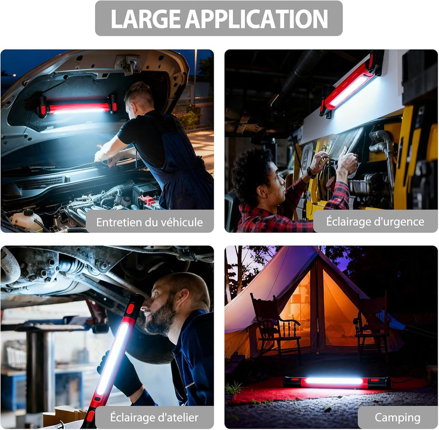Lampe de Travail LED Rechargeable 6000 mAh 3000 LM Lampes d'Inspection avec Aimant et Crochet Lampe Pivotante pour Réparation Automobile avec 3 Modes de Luminosité