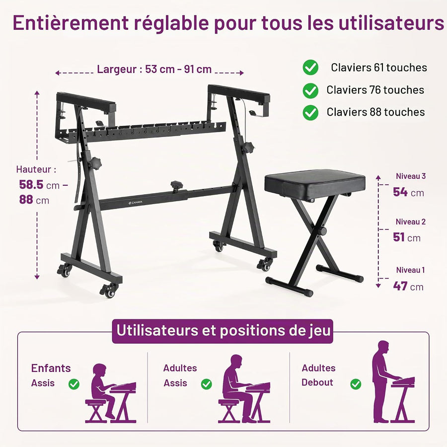 Support Clavier en Z avec Banc, Support Piano Numérique Réglable, panier de rangement intégré, très stable, roulettes verrouillables, montage facile