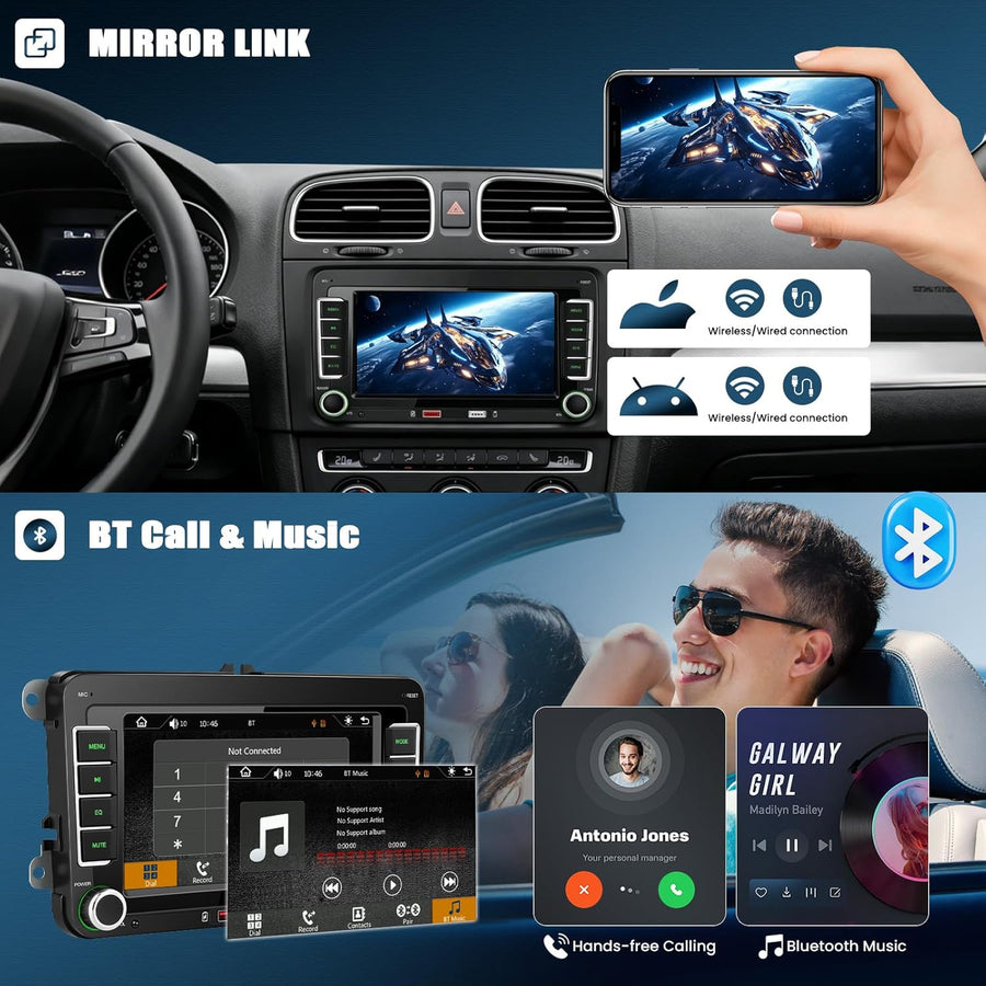 VW Golf 5 CarPlay Autoradio pour VW Golf 6 Polo avec Android Auto, 7'' IPS Ecran Tactile 2 Din Poste Radio Voiture pour Golf 5 avec Bluetooth AM/FM/RDS Mirror Link Deux Ports USB SWC + Canbus