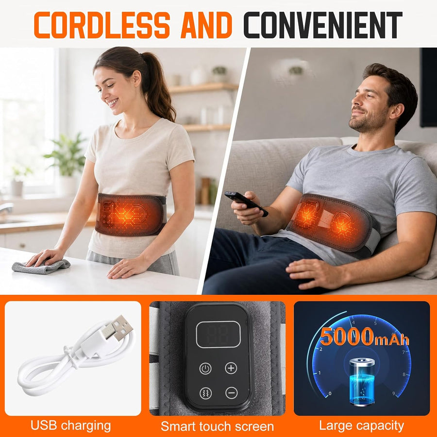 Ceinture chauffante pour le dos, coussin chauffant, masseur sans fil avec 5 modes de massage et 5 niveaux de chaleur, batterie 2000 mAh, arrêt automatique, pour soulager les maux de dos