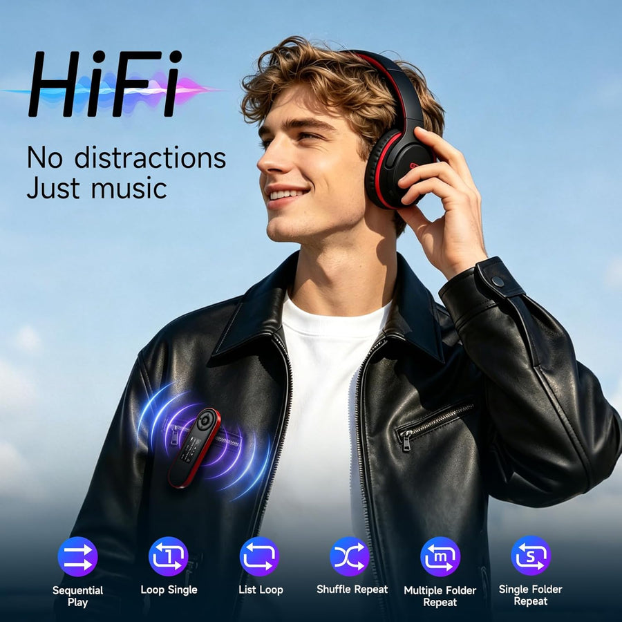 Lecteur MP3 64Go Bluetooth 5.3, Clé USB Plug & Play, Ultra-léger 28g, Boutons Physiques pour Utilisation à l'aveugle, Clip Sport pour Course à Pied, Lecture par Dossier, Radio FM, Enregistreur Vocal