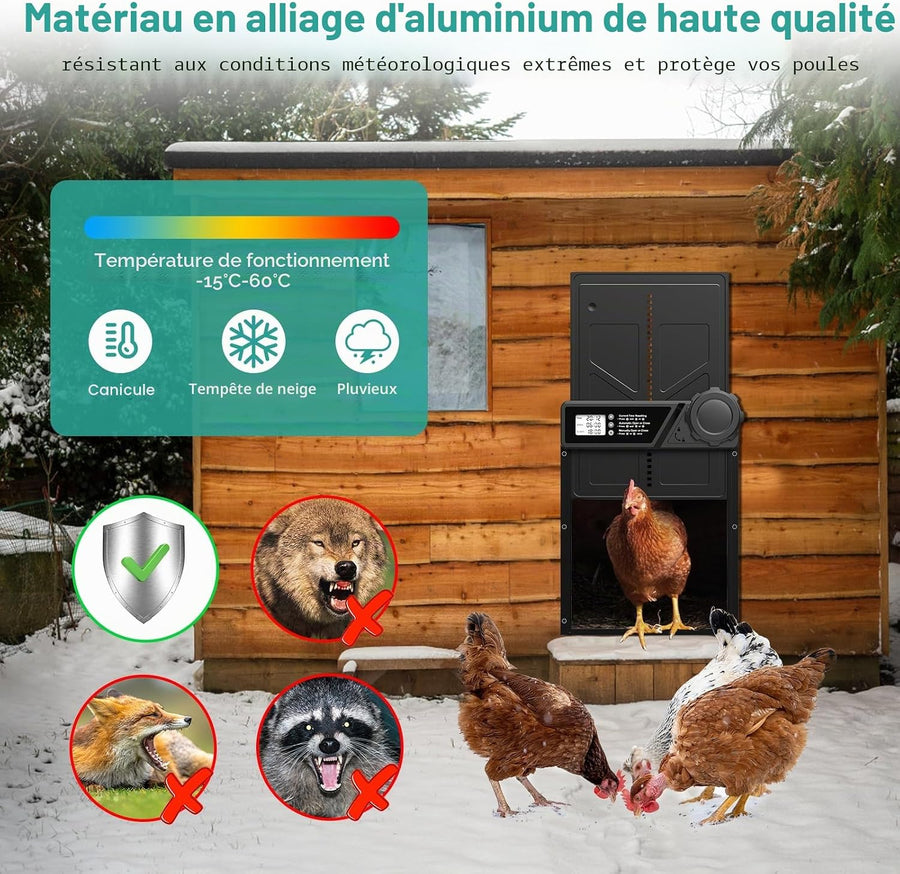 Porte Automatique pour Poulailler à PilesMinuterie | Minuterie, Fonction Anti-pincement, Écran LCD Étanche