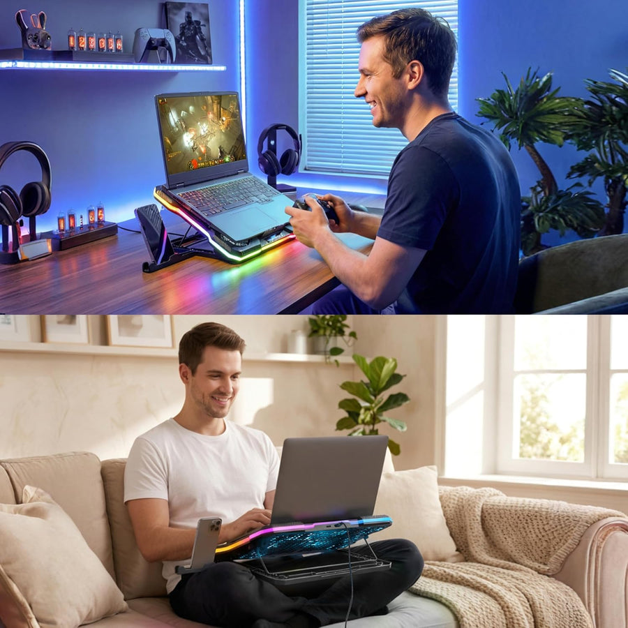 Support Refroidisseur pour Ordinateur Portable avec 9 Ventilateurs Silencieux Compatible 14-19 Pouces, 6 Vitesses Réglables, 10 Modes D'éclairage RVB, 2 Ports USB Et Support pour Téléphone