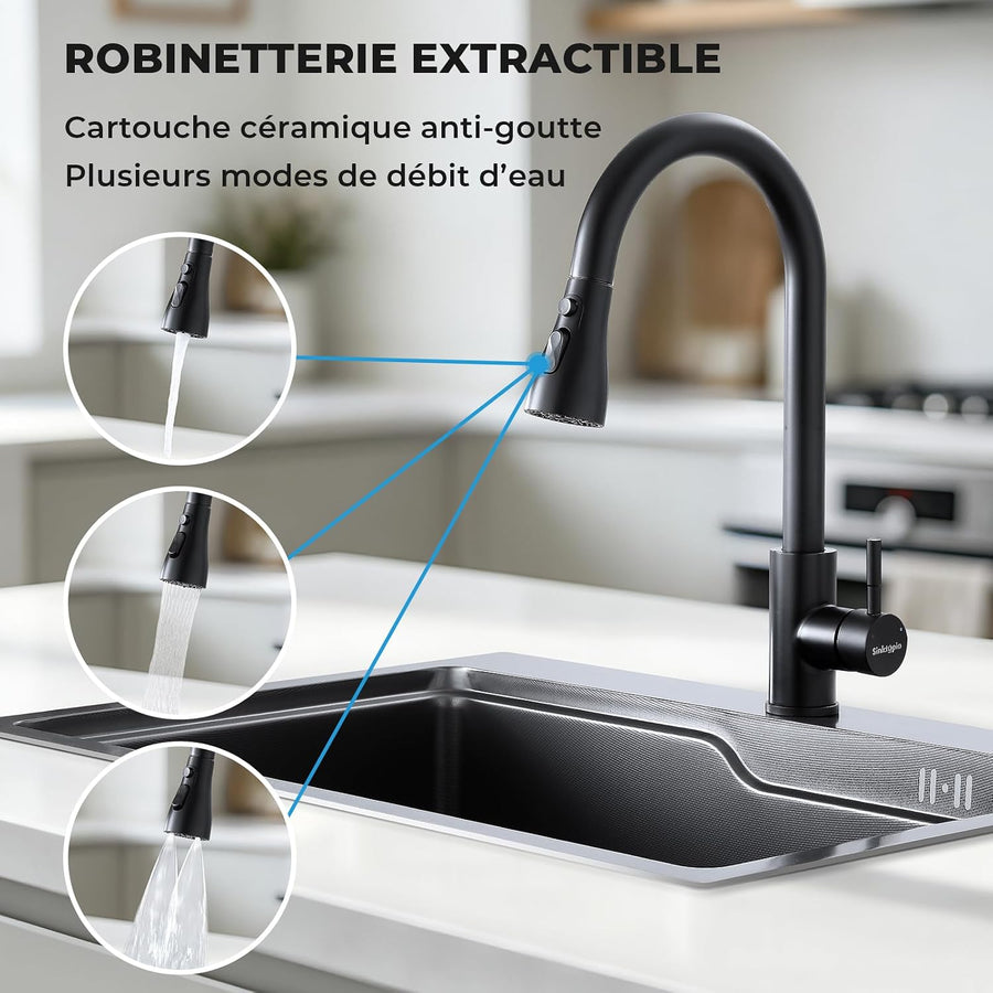 Évier Multifonction Inox Évier 1 Bac Grand Evier de Cuisine 68×48 cm Lavabo Cuisine avec Robinet Coulissant Résistant aux Rayures Vidange Rapide Avec Accessoires et Kit de tri des Déchets