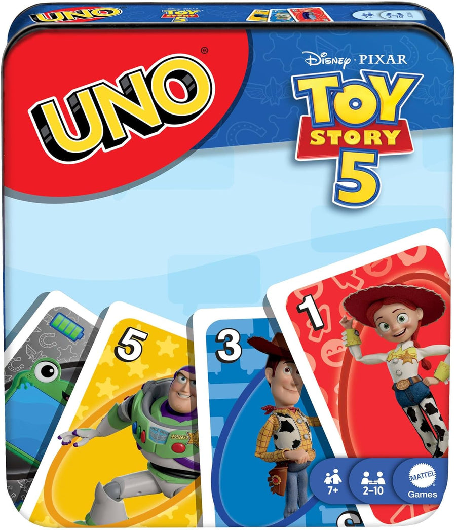 Mattel Games UNO Toy Story 5 de Disney · Pixar avec cartes inspirées des films pour les soirées jeu en famille, les fêtes entre amis, les voyages, Boîte de rangement, 2-10 joueurs 7+