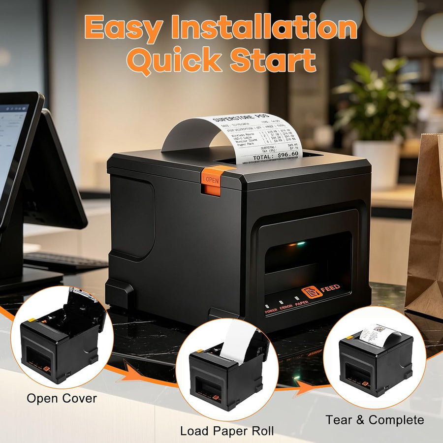 Imprimante de reçus 80 mm - Imprimante d'étiquettes d'expédition - USB & Bluetooth & LAN - 220 mm/s - Avec 5 rouleaux de papier - Pour restauration et vente au détail, prise en charge ESC/POS