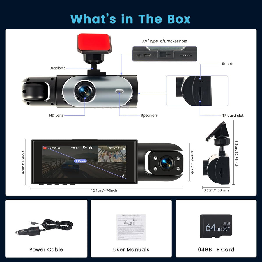 Dashcam Voiture Avant Intérieur avec Carte SD 64G, 1080P Dash Cam avec 3.16" Écran, Camera Voiture avec G-capteur, Vision Nocturne, Enregistrement en Boucle, Détection de Mouvement