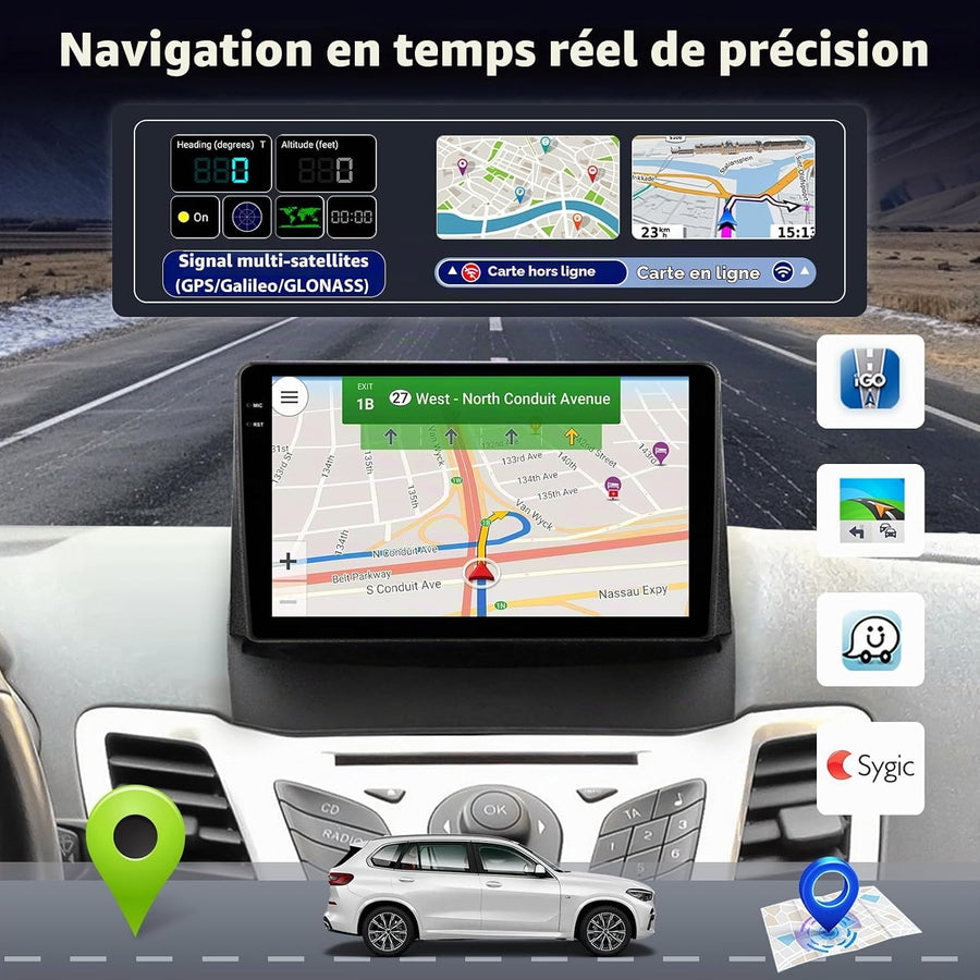 Autoradio Android pour Ford Fiesta 2009-2017: 2GB+64GB Écran Tactile IPS 9 Pouces 1280x720P pour Fiesta avec sans Fil CarPlay Android Auto, GPS, WiFi, Bluetooth 5.0, Écran Partagé + Caméra de Recul