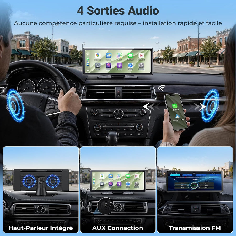 Écran CarPlay sans Fil 10,26" pour Voiture, CarPlay & Android Auto Compatible Avec les Commandes au Volant, Mirror Link et AirPlay,Bluetooth, l'Égaliseur, la Commande Vocale,l'Entrée AUX/FM