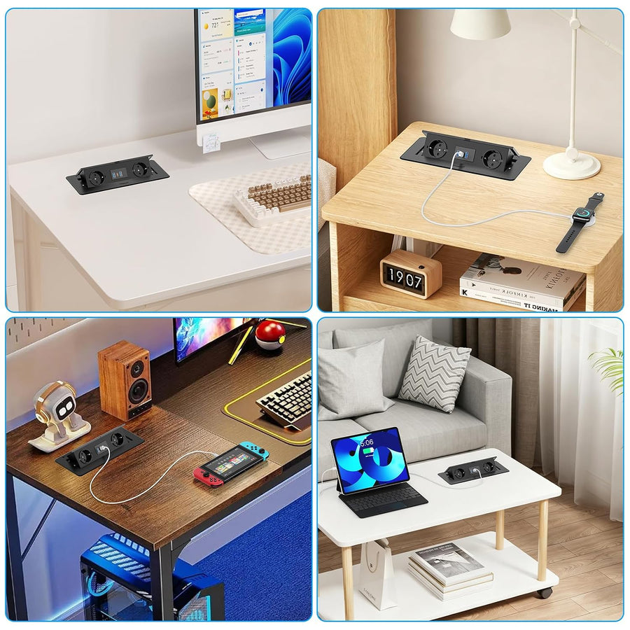 Prise Encastrable Plan de Travail, USB-C PD 20W, 2 Prises, Noir Multiprise Encastrable 2 prises, USB-C PD 20W, 2 USB-A 18W, boîtier métal, pour bureau, table de réunion et plan de travail