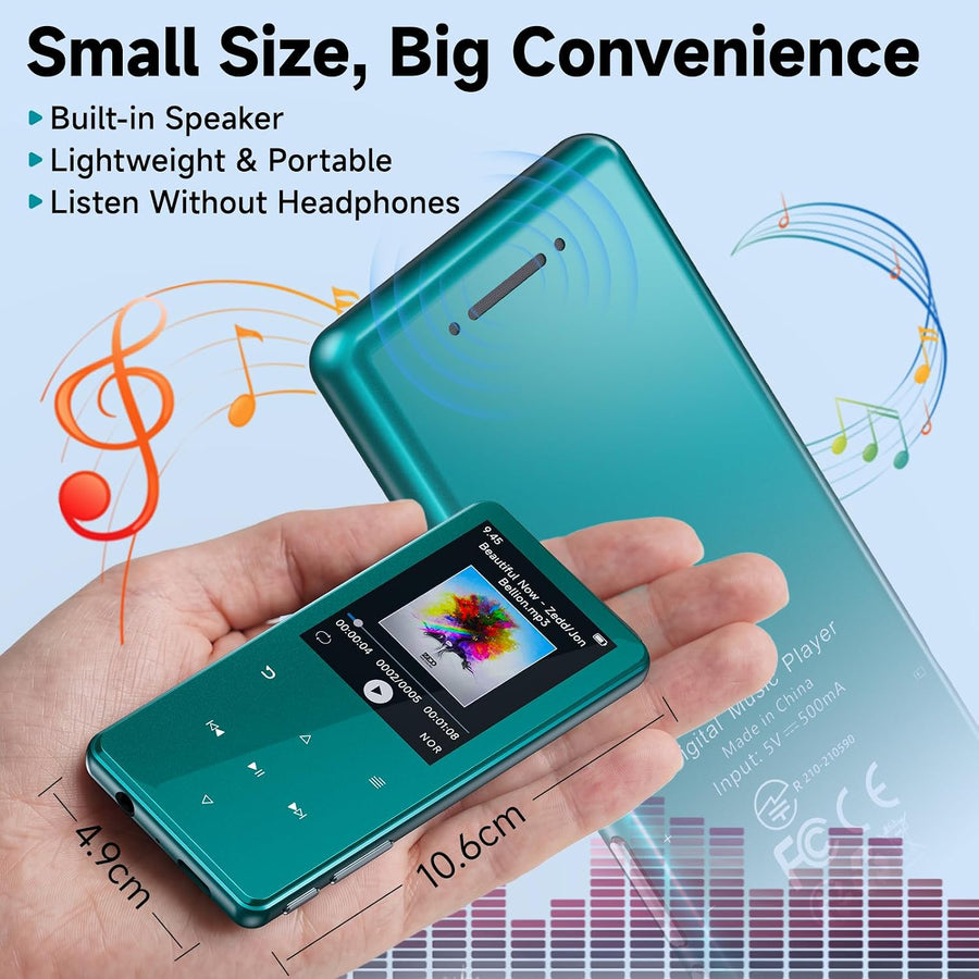 Lecteur MP3 Bluetooth 5.3 64Go écran 2,4" Touches tactiles Haut-Parleur Boîtier en métal, 45 h d'autonomie, 18 sons relaxants, radio FM, extensible jusqu'à 128Go