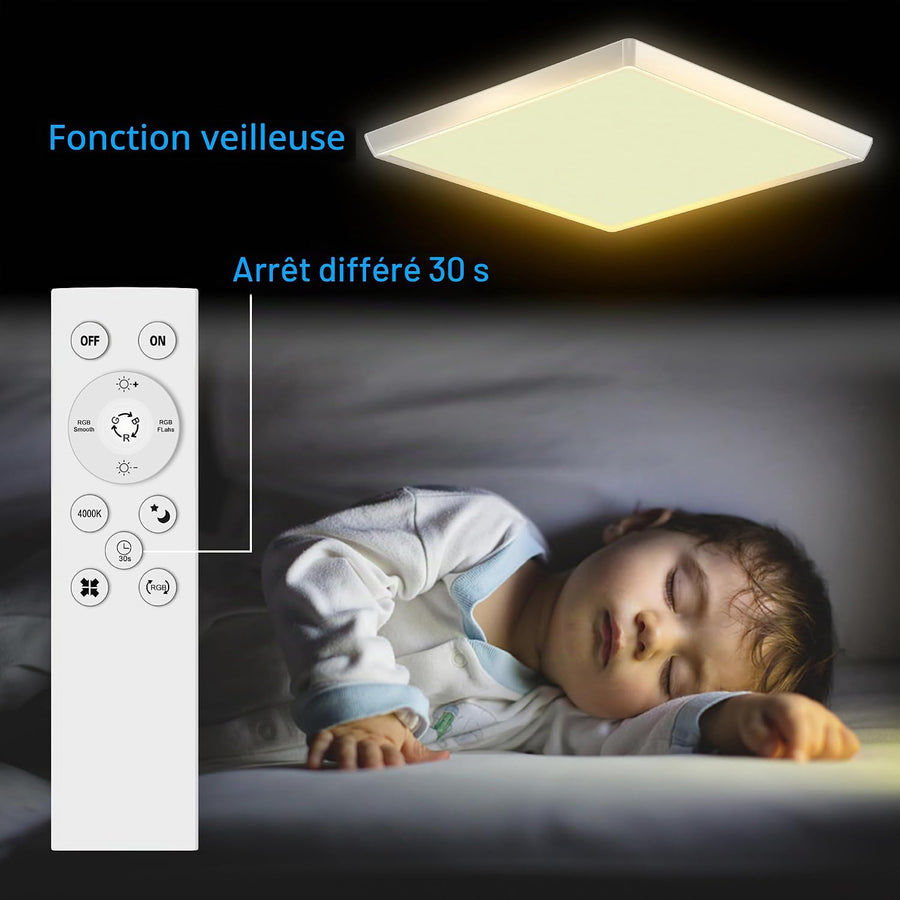 Plafonnier LED, intensité variable avec télécommande, 24 W, RGB, 4 000 K, design carré moderne pour salon, chambre, chambre d'enfant, salle de bain, 29 x 2,5 cm