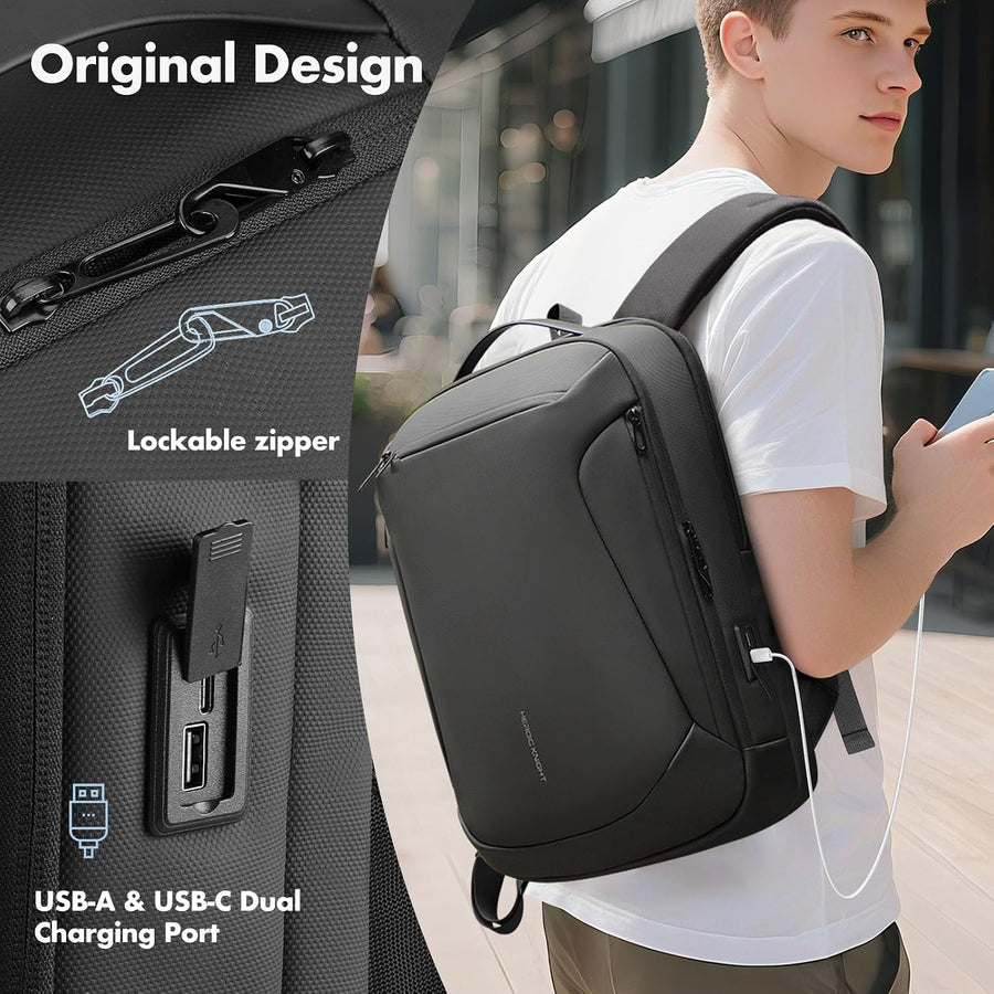 Sac à Dos Ordinateur Portable 15,6 Pouces Imperméable Sac à Dos Business | Fermeture Verrouillable Antivol Léger Sac à Dos Travail avec Double Port USB-A & USB-C pour Affaires Voyage et Université 25L