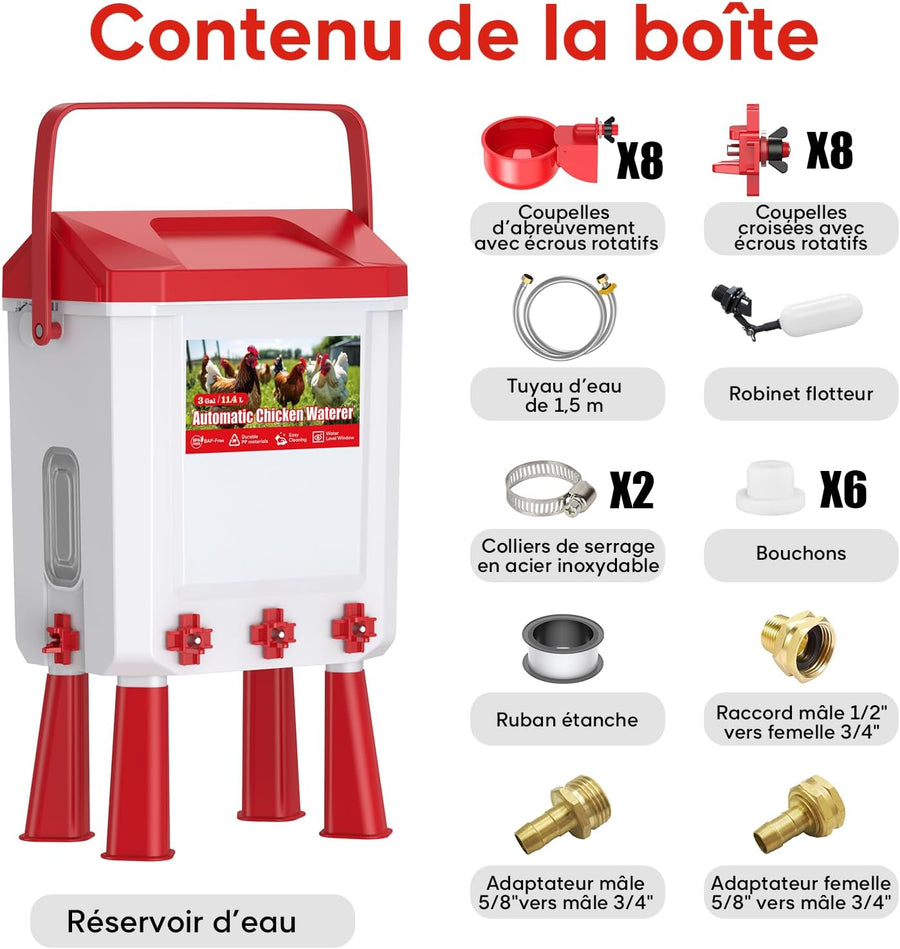 Abreuvoir Poules Automatique 10 litres avec Pieds, 8 Bols, Flotteur Filtré Contrôlé