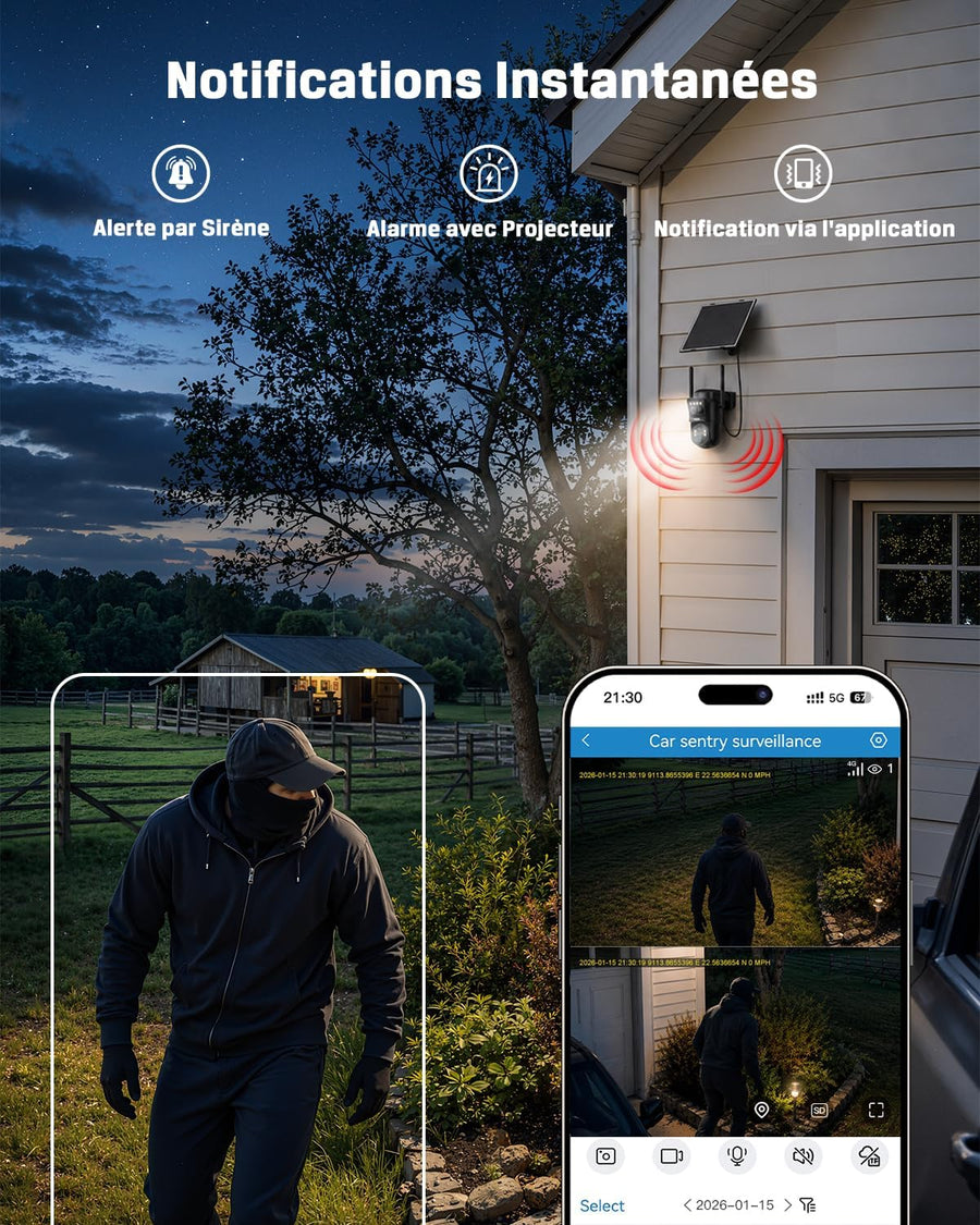 Caméra Solaire 4G LTE Double Objectif avec Carte SIM Extérieure 8W Panneau Solaire, Batterie 12000mAh, Résolution 1080P, Détection Humaine PIR, Vision Nocturne Couleur, Audio Bidirectionnel