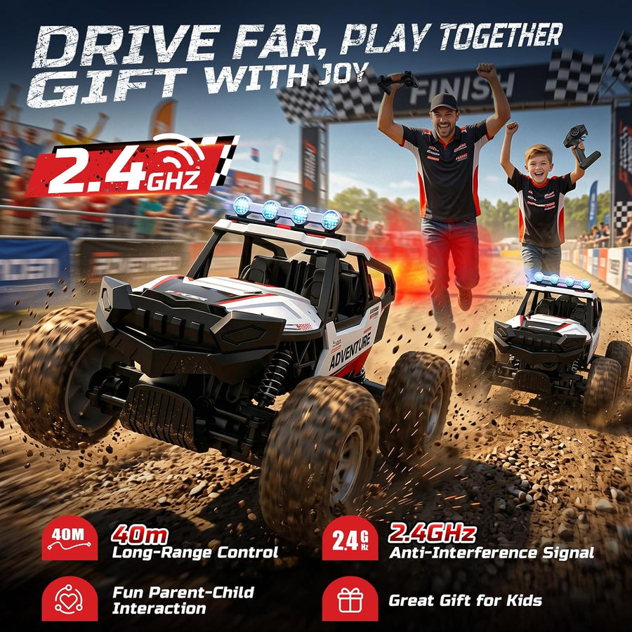 Voiture télécommandée 1:14 pour Enfants, Monster Truck Tout-Terrain 4x4 avec brumisateur, carrosserie en métal, lumières LED, fréquence 2,4 GHz