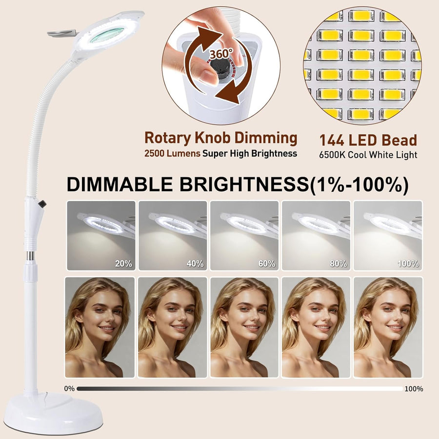 Lampe Esthetique Professionnel, 2500 Lumens, col de Cygne Flexible, Intensité Réglable en Continu, Lampadaire Loupe LED